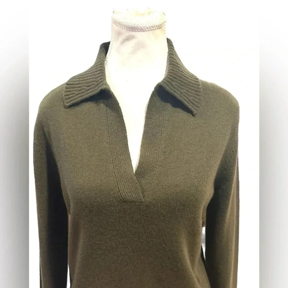 🆕 Theory Polo Collar 100% Soft Cashmere Pullover Sweater Small Olive - Picture 1 of 12